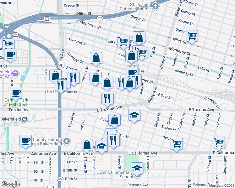 map of restaurants, bars, coffee shops, grocery stores, and more near 601 East 19th Street in Bakersfield