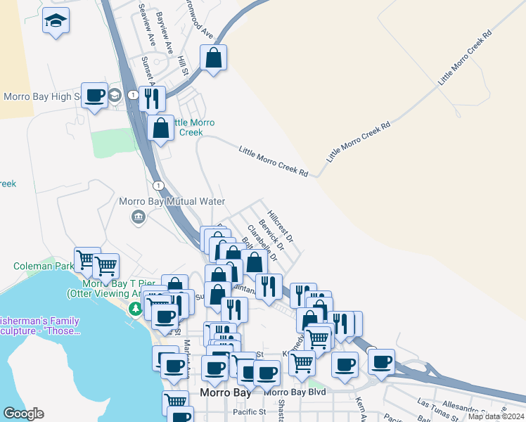map of restaurants, bars, coffee shops, grocery stores, and more near 1377 Hillcrest Drive in Morro Bay