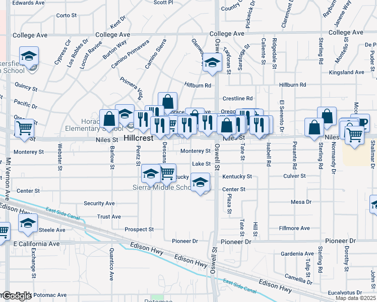 map of restaurants, bars, coffee shops, grocery stores, and more near 2933 Monterey Street in Bakersfield