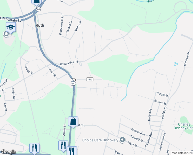 map of restaurants, bars, coffee shops, grocery stores, and more near 125 Charleston Court in Spindale