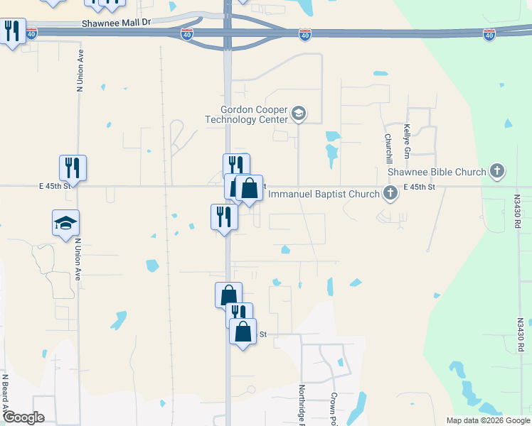 map of restaurants, bars, coffee shops, grocery stores, and more near 1104 Morning Side Court in Shawnee