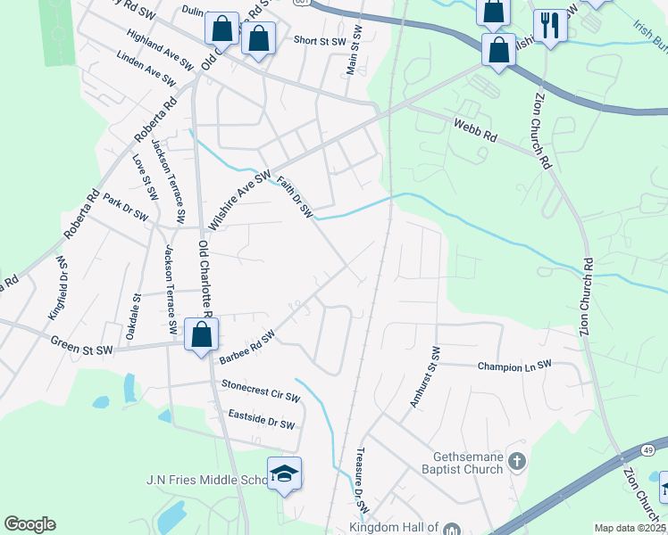 map of restaurants, bars, coffee shops, grocery stores, and more near 57 Trantham Street Southwest in Concord