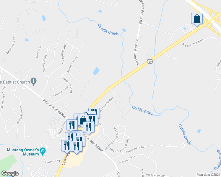 map of restaurants, bars, coffee shops, grocery stores, and more near 3200 U.S. 29 in Concord