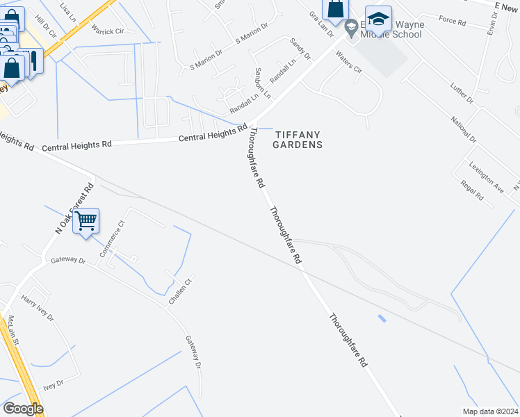 map of restaurants, bars, coffee shops, grocery stores, and more near 3031 Thoroughfare Road in Goldsboro