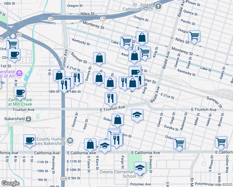 map of restaurants, bars, coffee shops, grocery stores, and more near 601 East 19th Street in Bakersfield