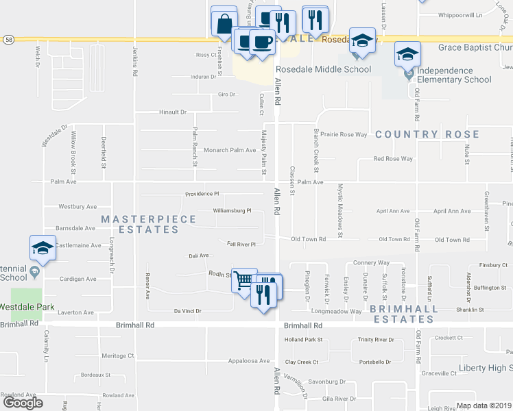 map of restaurants, bars, coffee shops, grocery stores, and more near 13010 Williamsburg Place in Bakersfield