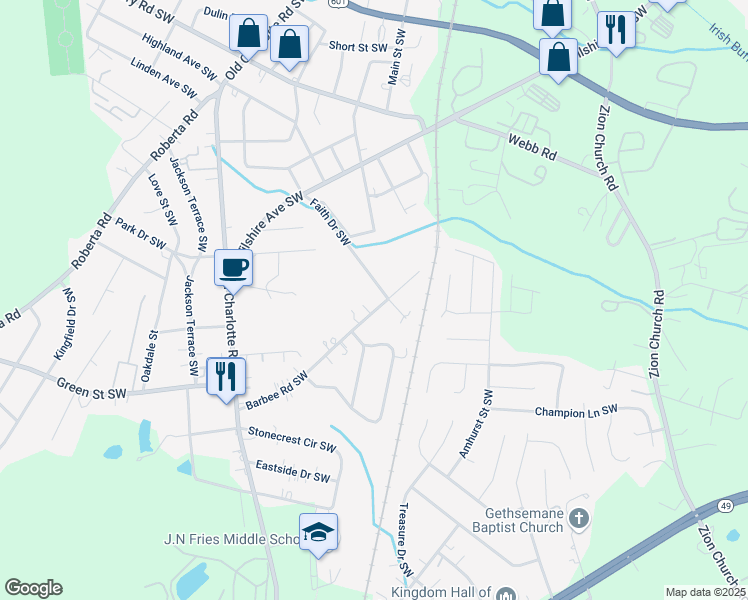map of restaurants, bars, coffee shops, grocery stores, and more near 57 Trantham Street Southwest in Concord