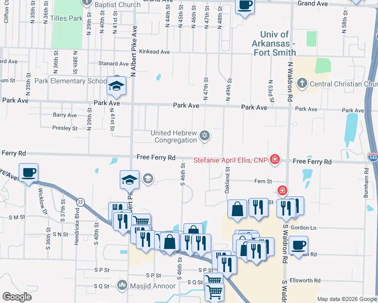map of restaurants, bars, coffee shops, grocery stores, and more near 4601 Free Ferry Road in Fort Smith