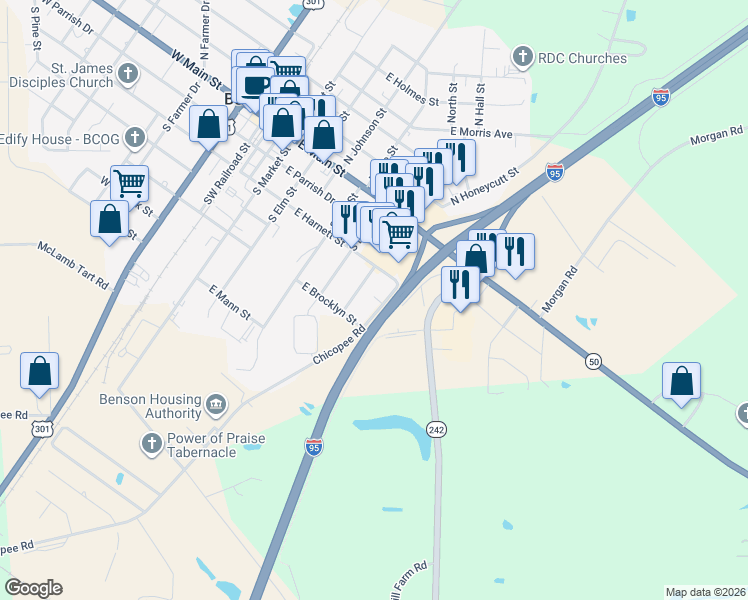 map of restaurants, bars, coffee shops, grocery stores, and more near 308 Chicopee Road in Benson