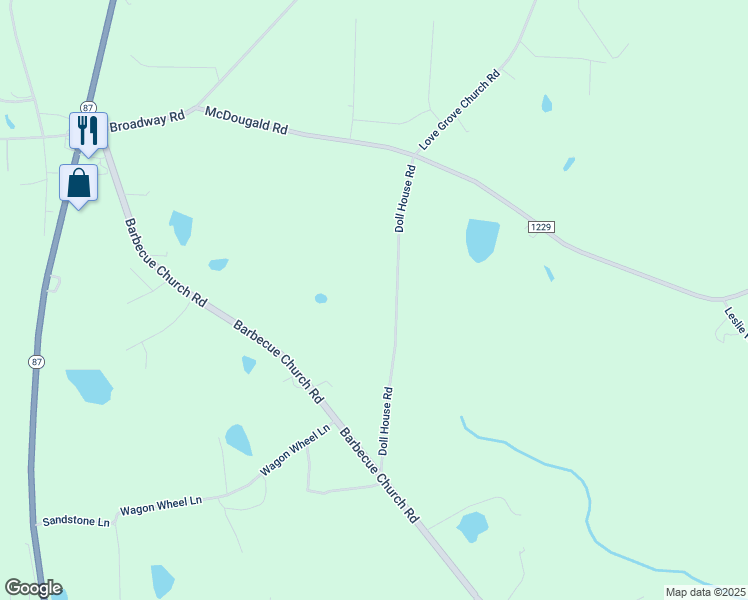 map of restaurants, bars, coffee shops, grocery stores, and more near 379 Doll House Road in Sanford