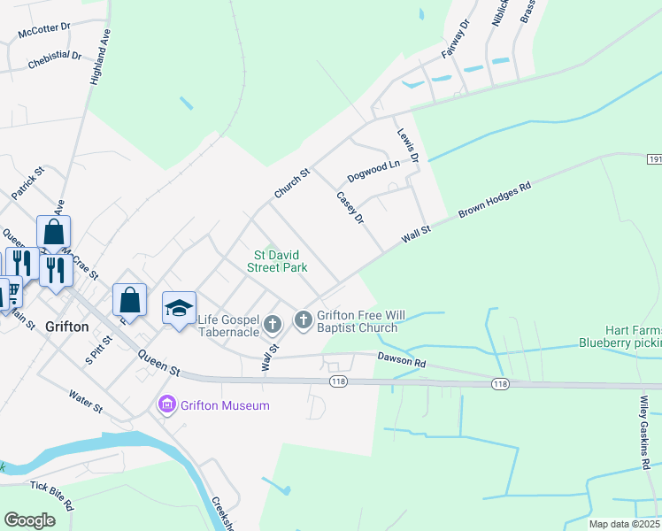 map of restaurants, bars, coffee shops, grocery stores, and more near 703 Saint Joseph Street in Grifton