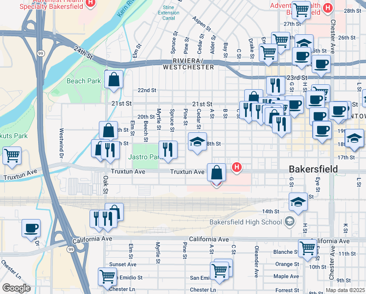 map of restaurants, bars, coffee shops, grocery stores, and more near 2601 18th Street in Bakersfield
