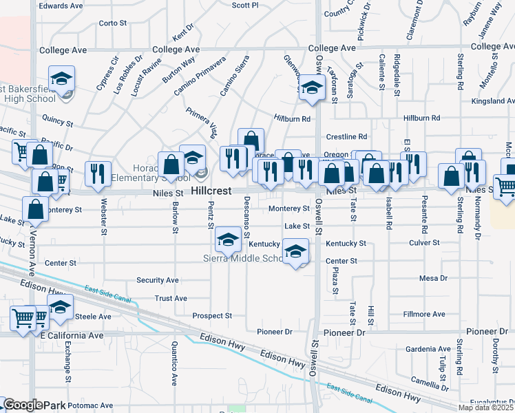 map of restaurants, bars, coffee shops, grocery stores, and more near 2910 Lake Street in Bakersfield