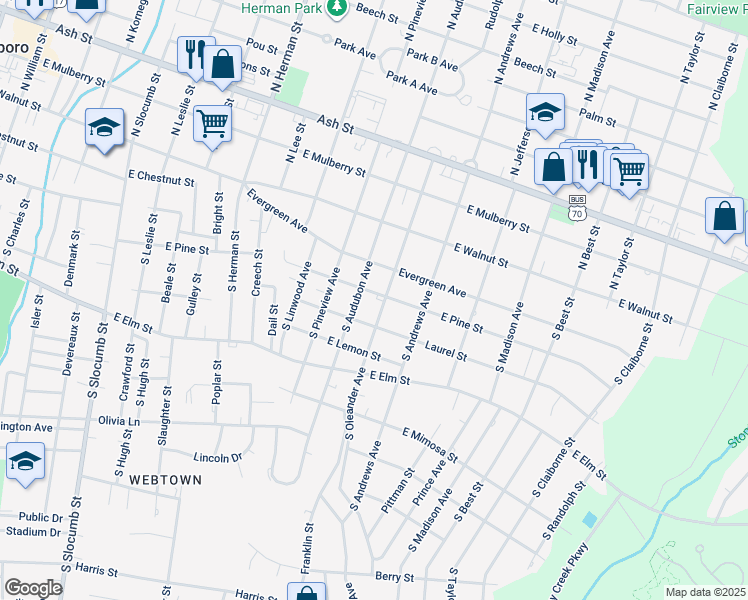 map of restaurants, bars, coffee shops, grocery stores, and more near 1301-1399 Laurel Street in Goldsboro