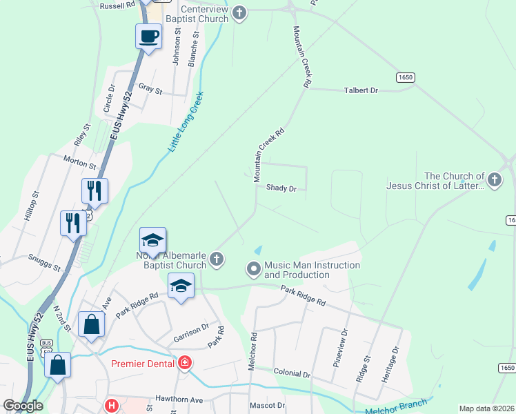 map of restaurants, bars, coffee shops, grocery stores, and more near 410 Mountain Creek Road in Albemarle
