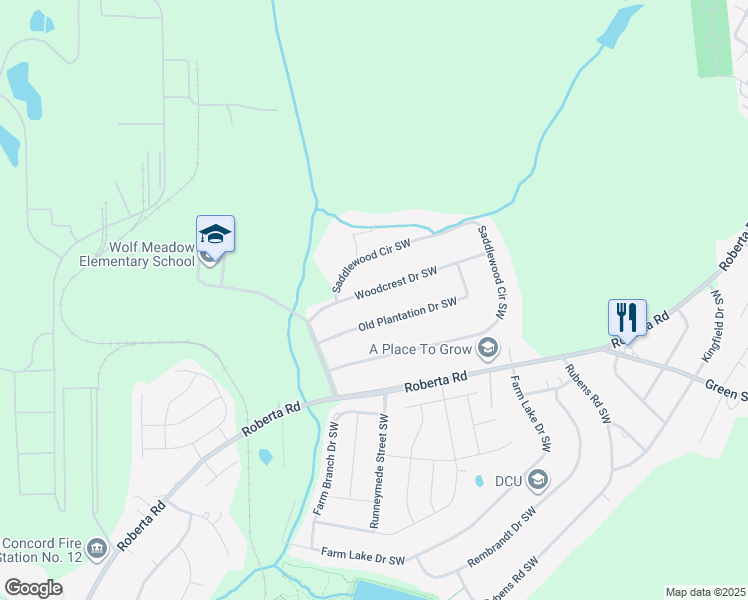 map of restaurants, bars, coffee shops, grocery stores, and more near 2668 Old Plantation Drive Southwest in Concord