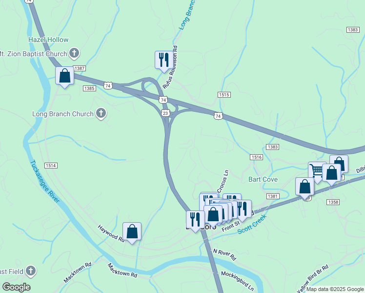map of restaurants, bars, coffee shops, grocery stores, and more near 8D Dillsboro Road in Sylva