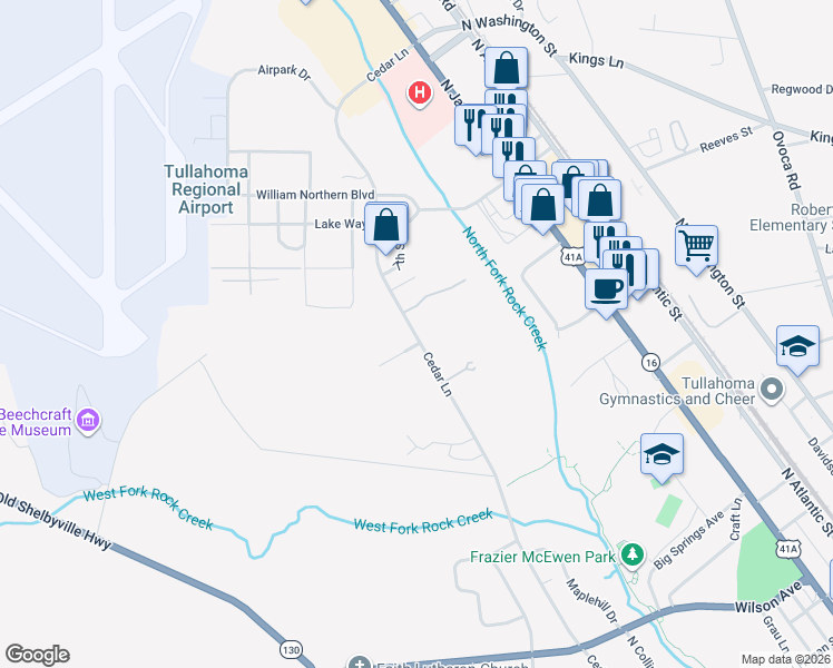map of restaurants, bars, coffee shops, grocery stores, and more near 1245-1311 Cedar Lane in Tullahoma