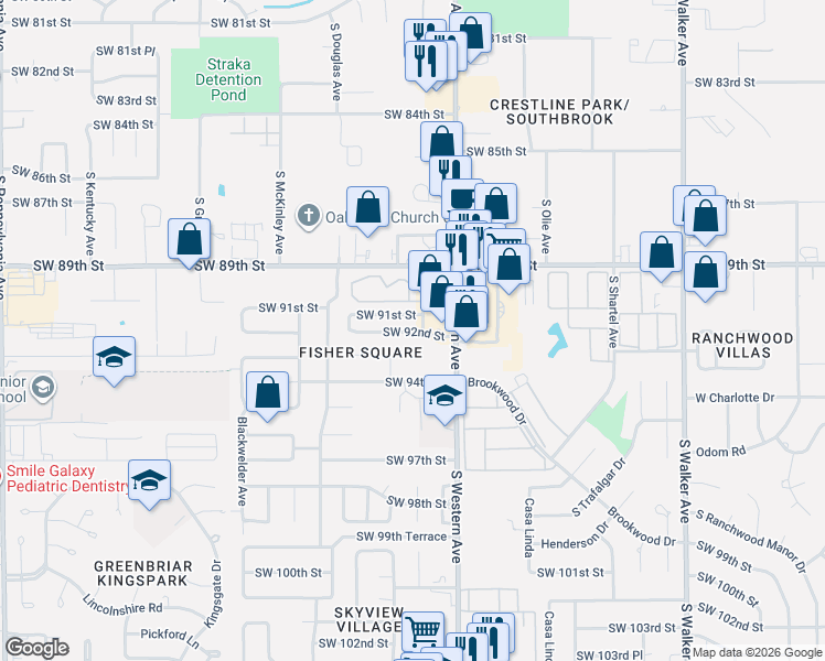 map of restaurants, bars, coffee shops, grocery stores, and more near 9301 South Western Avenue in Oklahoma City