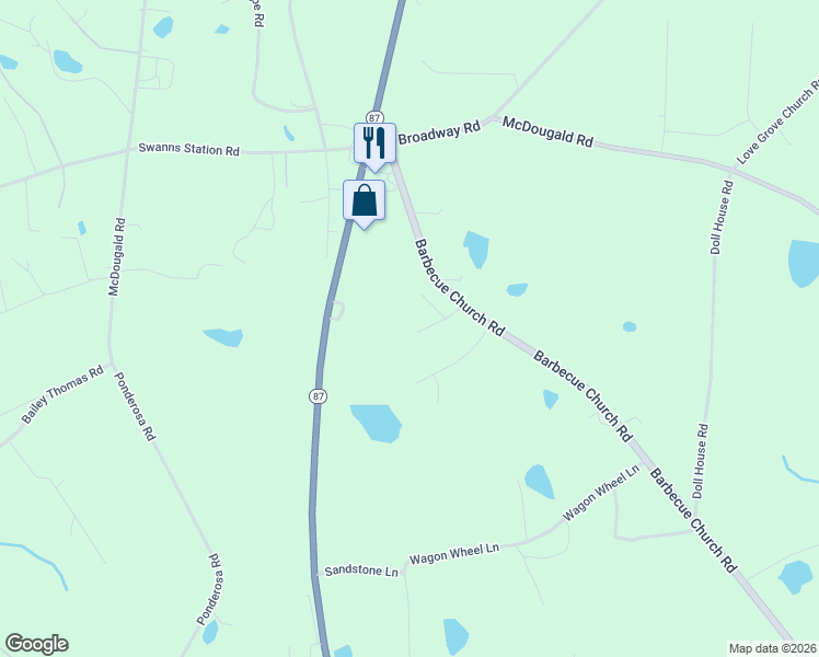 map of restaurants, bars, coffee shops, grocery stores, and more near 134 Longleaf Pine Way in Sanford