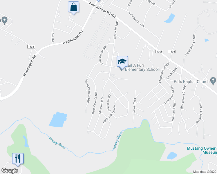 map of restaurants, bars, coffee shops, grocery stores, and more near 4083 Clover Road Northwest in Concord