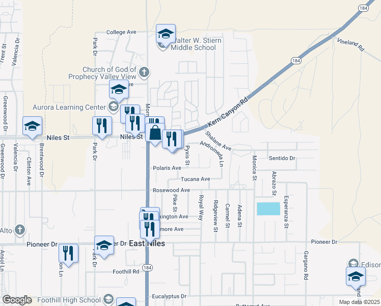 map of restaurants, bars, coffee shops, grocery stores, and more near 8336 Polaris Avenue in Bakersfield