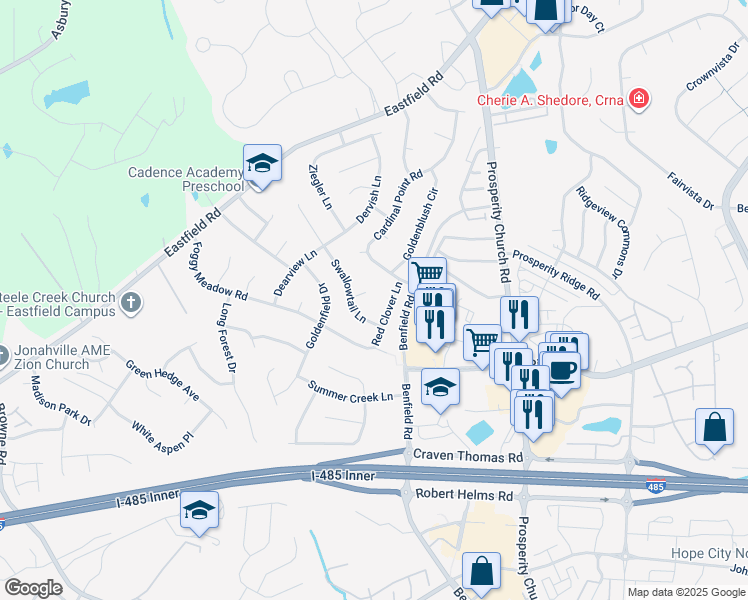 map of restaurants, bars, coffee shops, grocery stores, and more near 9122 Swallowtail Lane in Charlotte