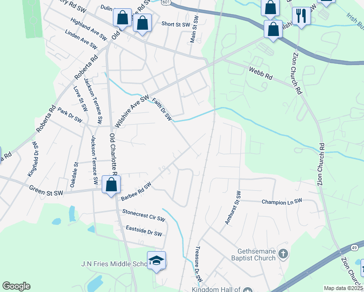 map of restaurants, bars, coffee shops, grocery stores, and more near 614 Faith Drive Southwest in Concord