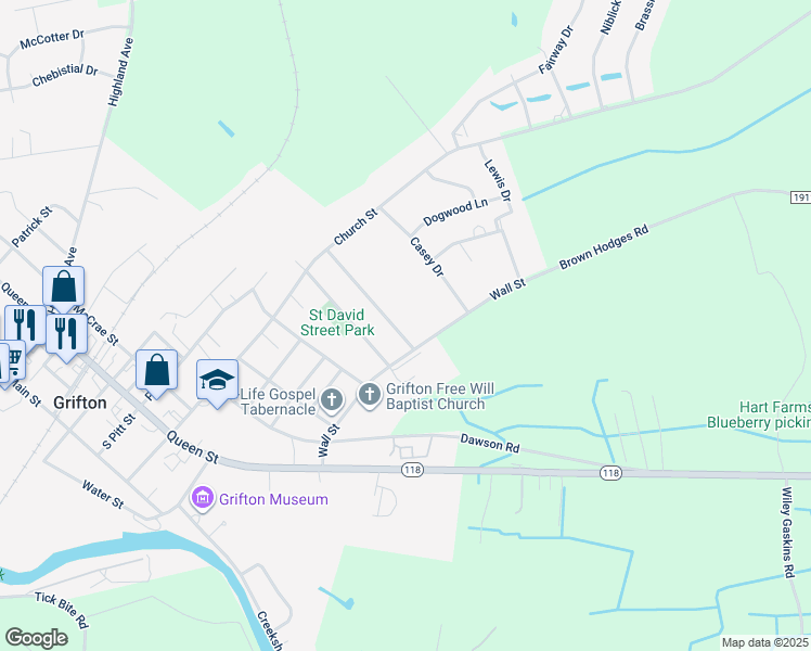 map of restaurants, bars, coffee shops, grocery stores, and more near 703 Saint Joseph Street in Grifton