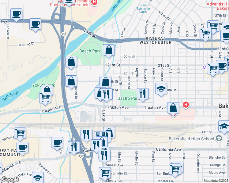 map of restaurants, bars, coffee shops, grocery stores, and more near 1730 Olive Street in Bakersfield