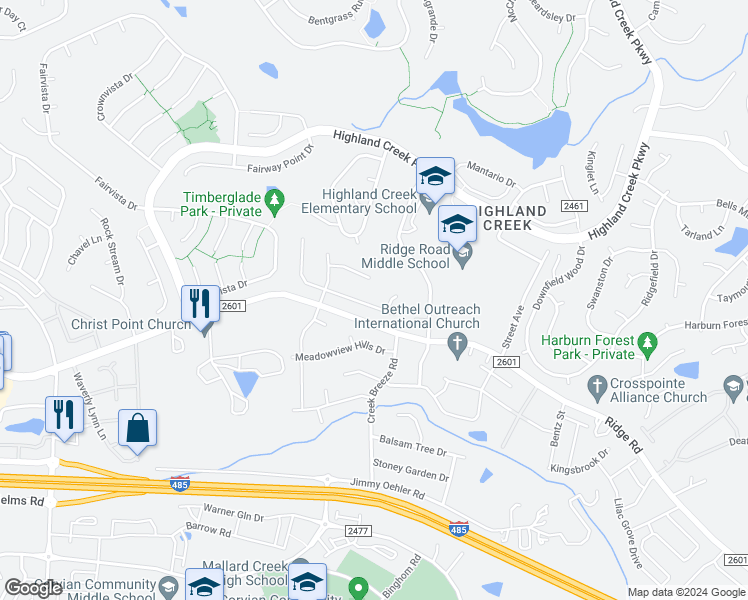 map of restaurants, bars, coffee shops, grocery stores, and more near 3936 Huntmeadow Drive in Charlotte