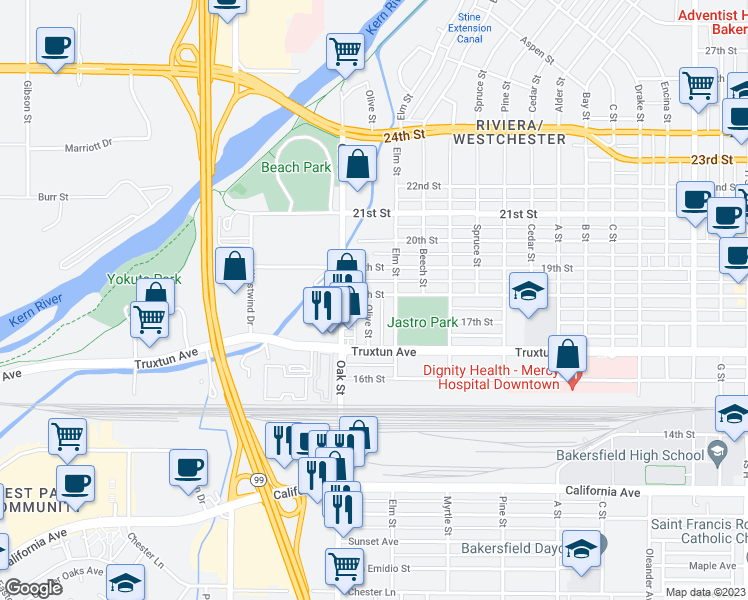 map of restaurants, bars, coffee shops, grocery stores, and more near 1730 Olive Street in Bakersfield