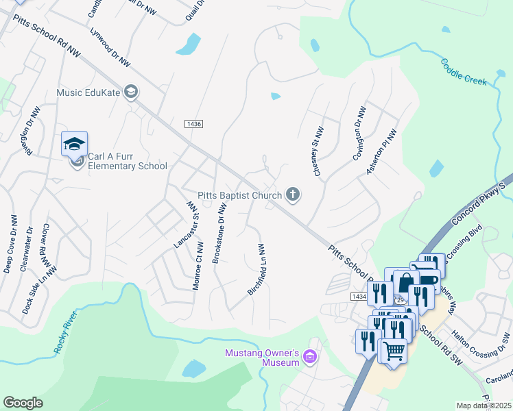 map of restaurants, bars, coffee shops, grocery stores, and more near 5811 Timber Falls Place Northwest in Concord