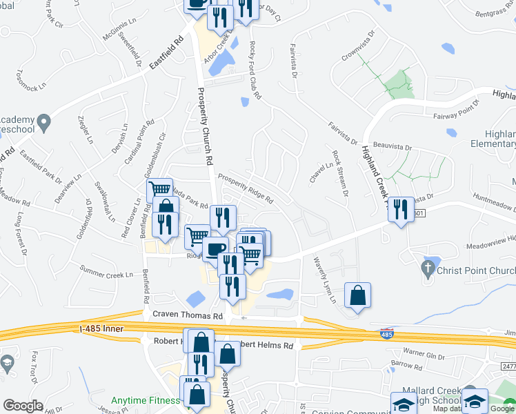 map of restaurants, bars, coffee shops, grocery stores, and more near 4743 Forestridge Commons Drive in Charlotte
