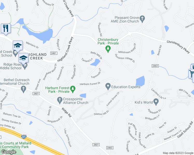map of restaurants, bars, coffee shops, grocery stores, and more near 7803 Taymouth Lane in Charlotte
