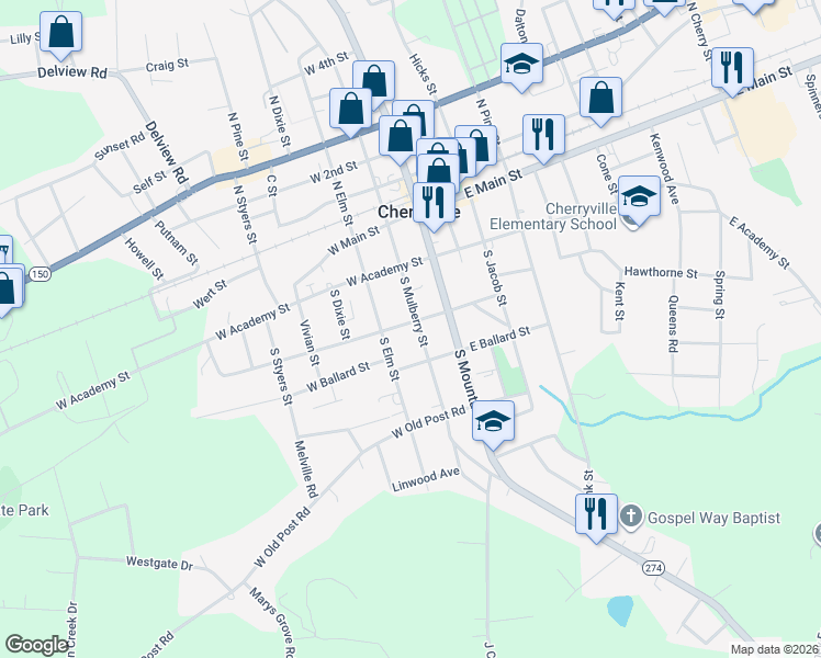 map of restaurants, bars, coffee shops, grocery stores, and more near 306 South Mulberry Street in Cherryville
