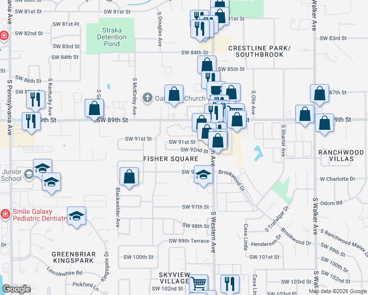 map of restaurants, bars, coffee shops, grocery stores, and more near 1005 Southwest 93rd Street in Oklahoma City