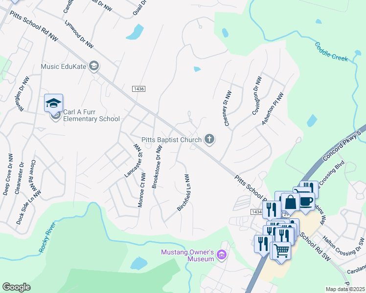 map of restaurants, bars, coffee shops, grocery stores, and more near 5811 Timber Falls Place Northwest in Concord