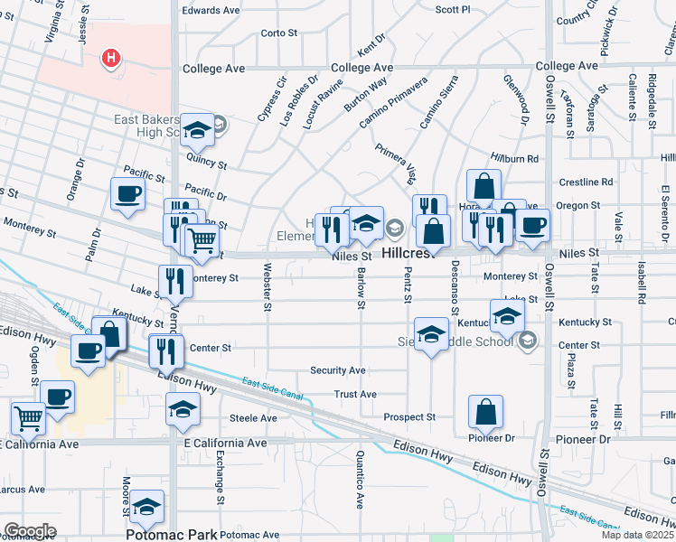 map of restaurants, bars, coffee shops, grocery stores, and more near 1126 Barlow Street in Bakersfield