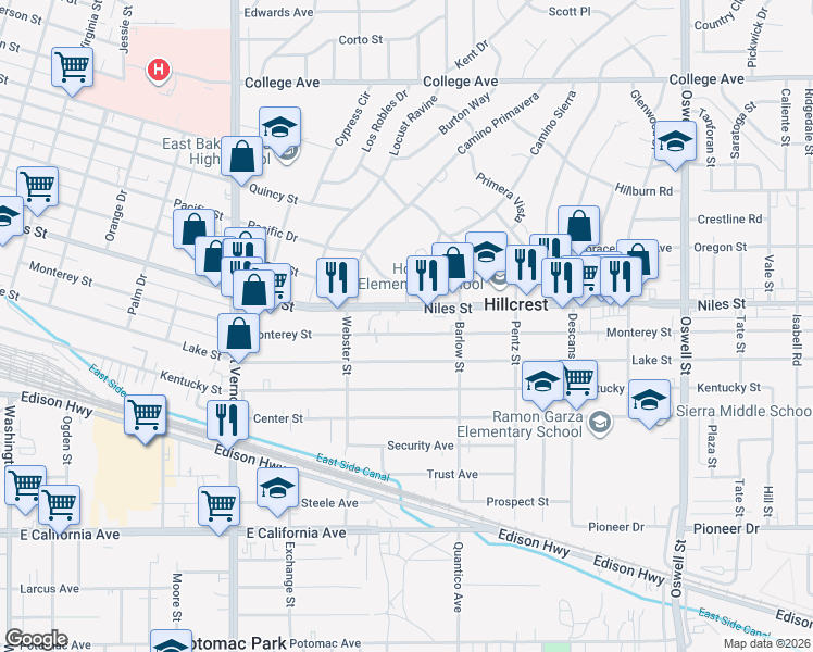 map of restaurants, bars, coffee shops, grocery stores, and more near 2633 Monterey Street in Bakersfield