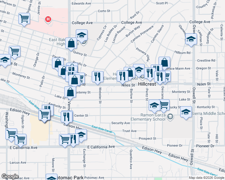 map of restaurants, bars, coffee shops, grocery stores, and more near 2513 Monterey Street in Bakersfield