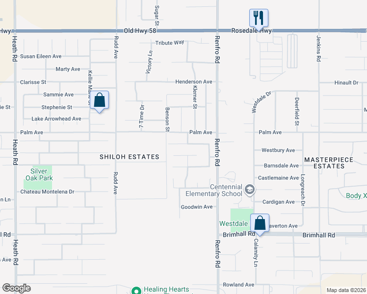 map of restaurants, bars, coffee shops, grocery stores, and more near 14709 Shaker Crest Place in Bakersfield