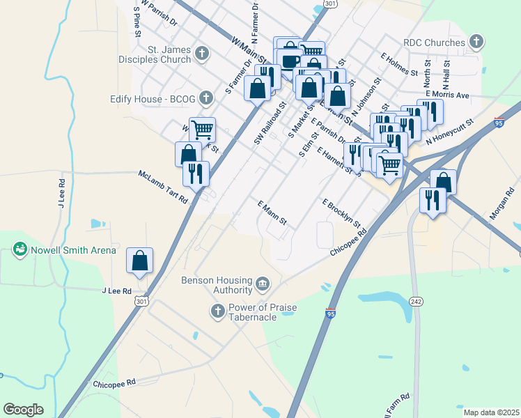 map of restaurants, bars, coffee shops, grocery stores, and more near 301 South Walton Drive in Benson