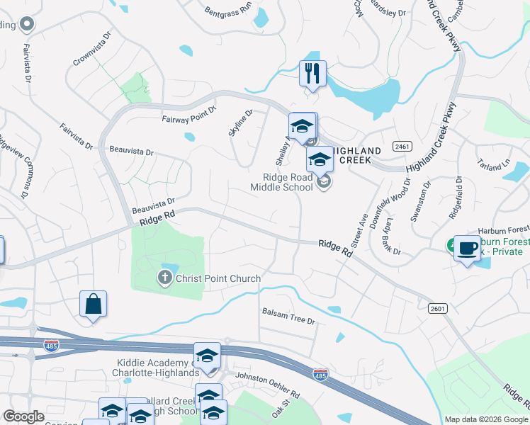 map of restaurants, bars, coffee shops, grocery stores, and more near 3925 Huntmeadow Drive in Charlotte