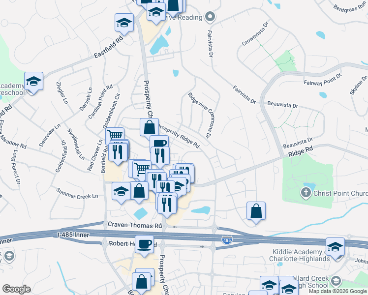 map of restaurants, bars, coffee shops, grocery stores, and more near 4751 Forestridge Commons Drive in Charlotte