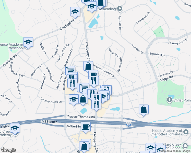 map of restaurants, bars, coffee shops, grocery stores, and more near 5150 Old Ridge Road in Charlotte