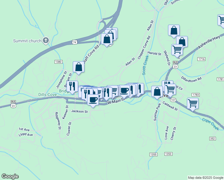 map of restaurants, bars, coffee shops, grocery stores, and more near 360 West Main Street in Sylva