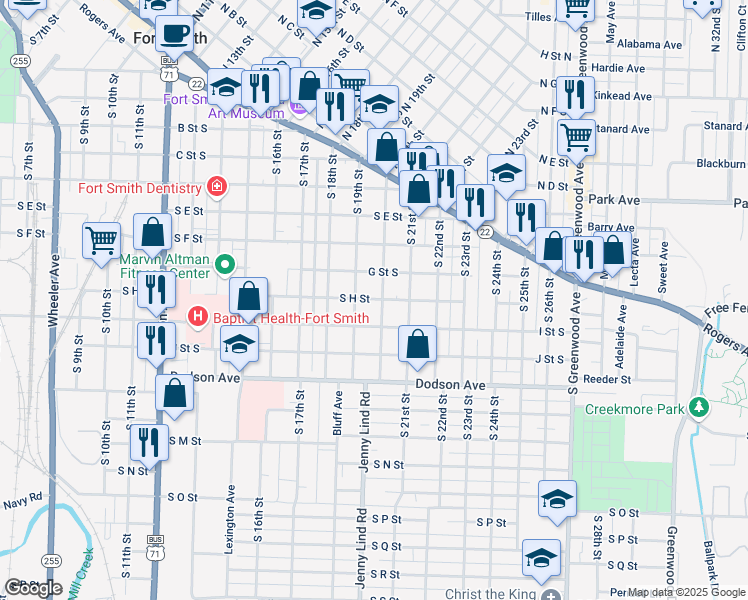 map of restaurants, bars, coffee shops, grocery stores, and more near 923 South 20th Street in Fort Smith
