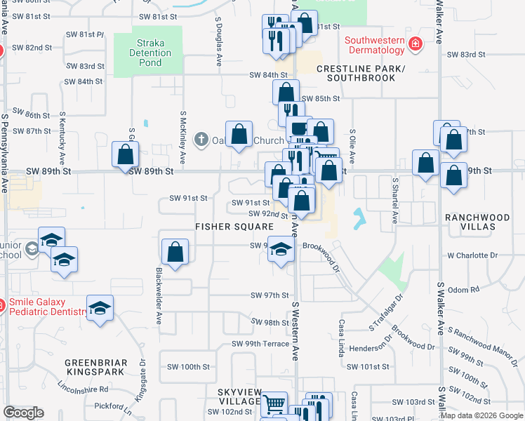 map of restaurants, bars, coffee shops, grocery stores, and more near 9301 South Western Avenue in Oklahoma City