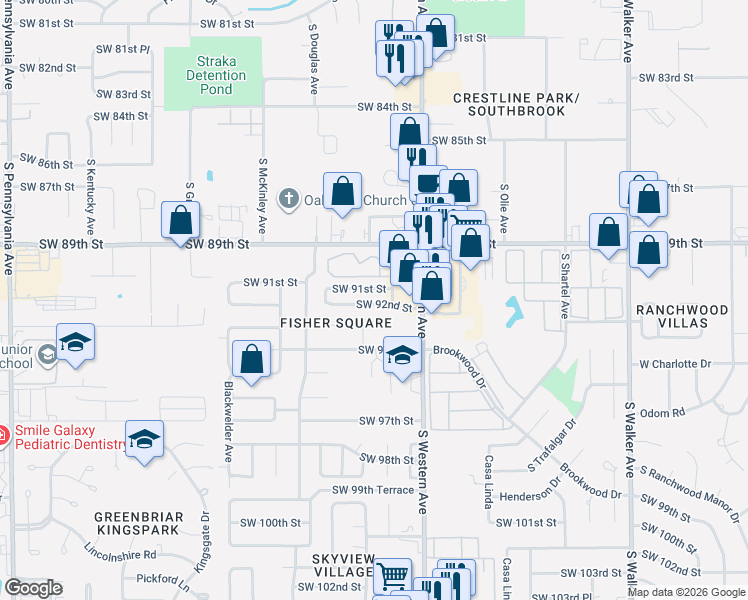 map of restaurants, bars, coffee shops, grocery stores, and more near 9301 South Western Avenue in Oklahoma City